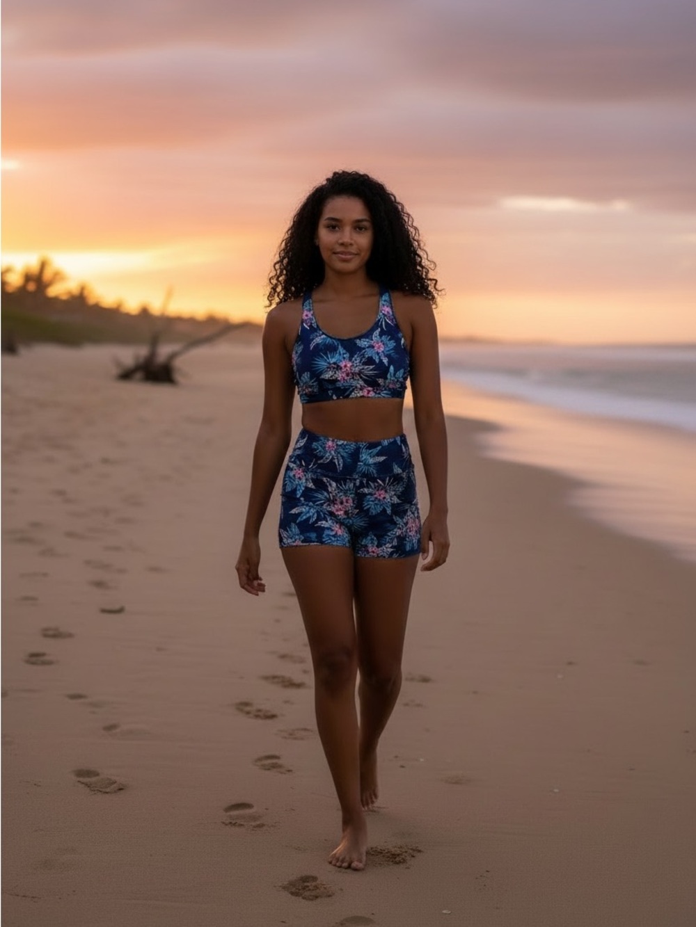 Younique Navy Tropical Print Sports Bikini Racer Back and booty covering shorts